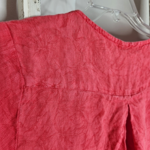Cut loose dress womens Medium red pink floral short sleeve 100% Linen lagenlook - Picture 3 of 8